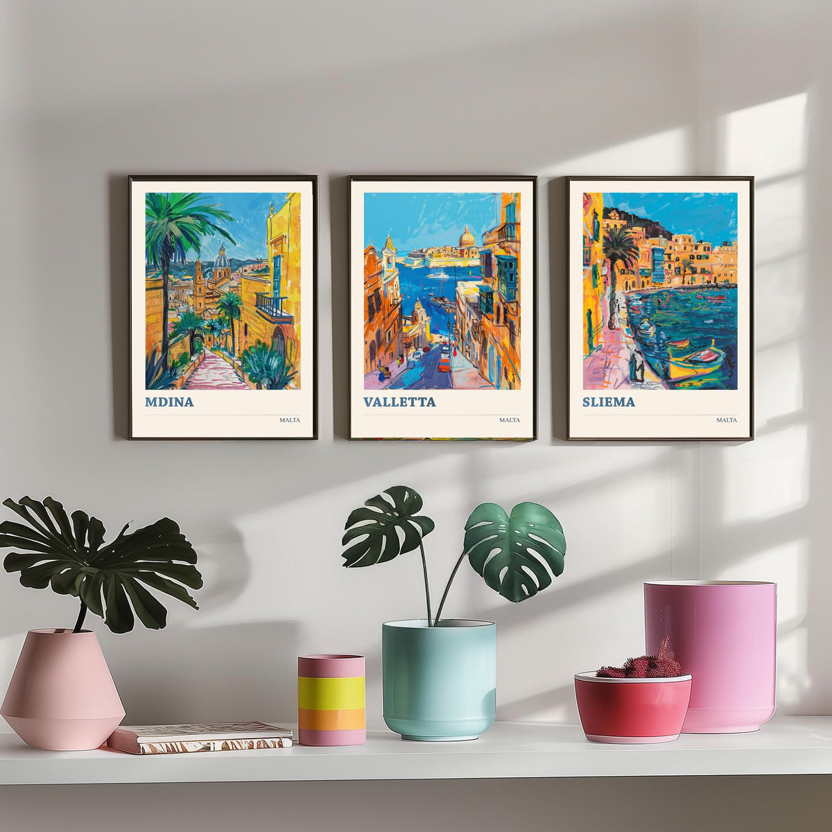 Malta Set of Three Prints | Mdina Valletta Sliema | Vibrant Mediterranean Travel Illustration Wall Art Poster