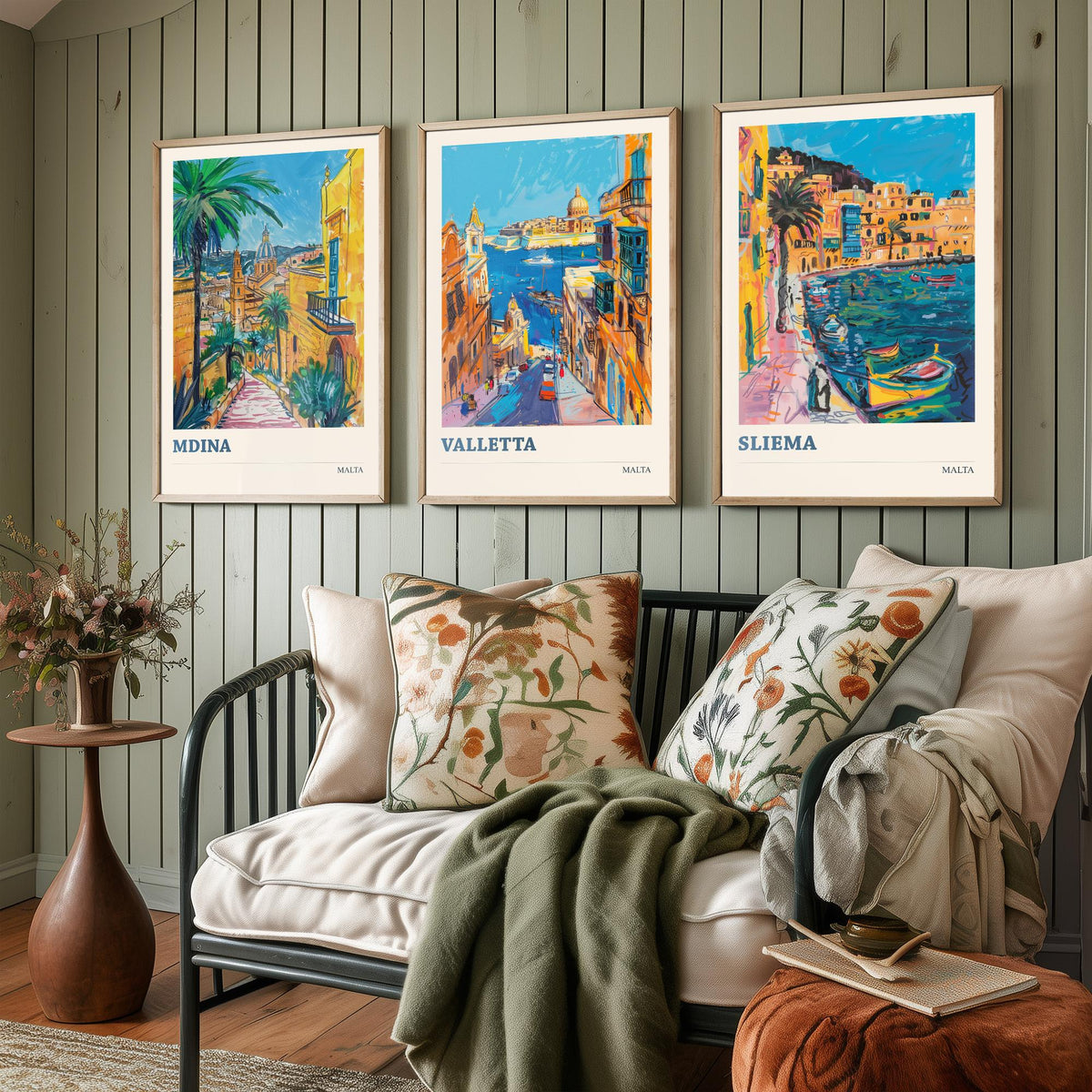 Malta Set of Three Prints | Mdina Valletta Sliema | Vibrant Mediterranean Travel Illustration Wall Art Poster