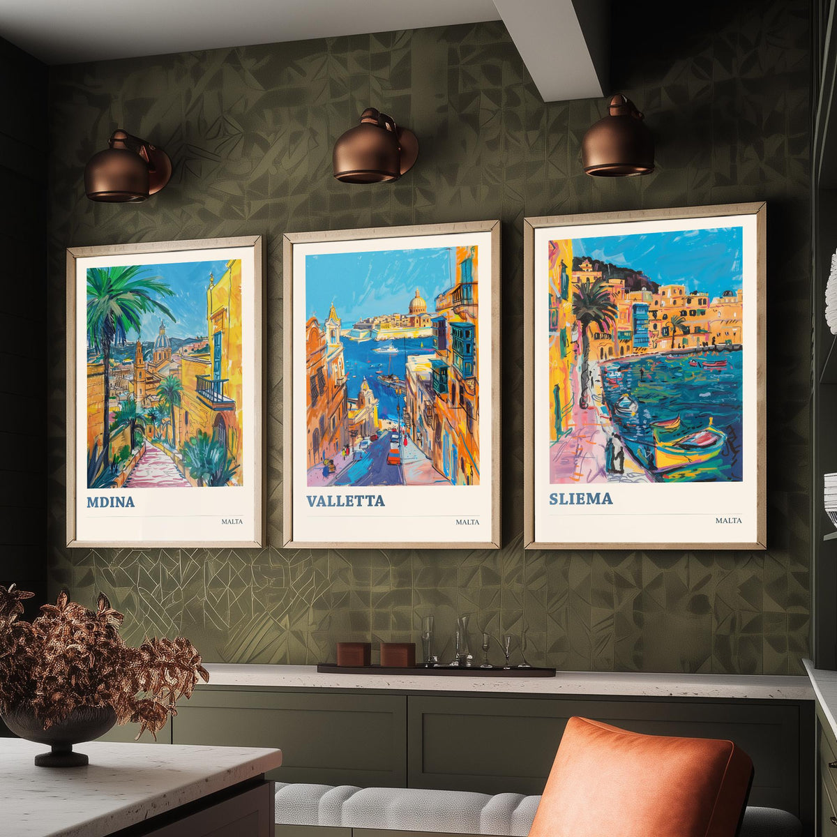 Malta Set of Three Prints | Mdina Valletta Sliema | Vibrant Mediterranean Travel Illustration Wall Art Poster