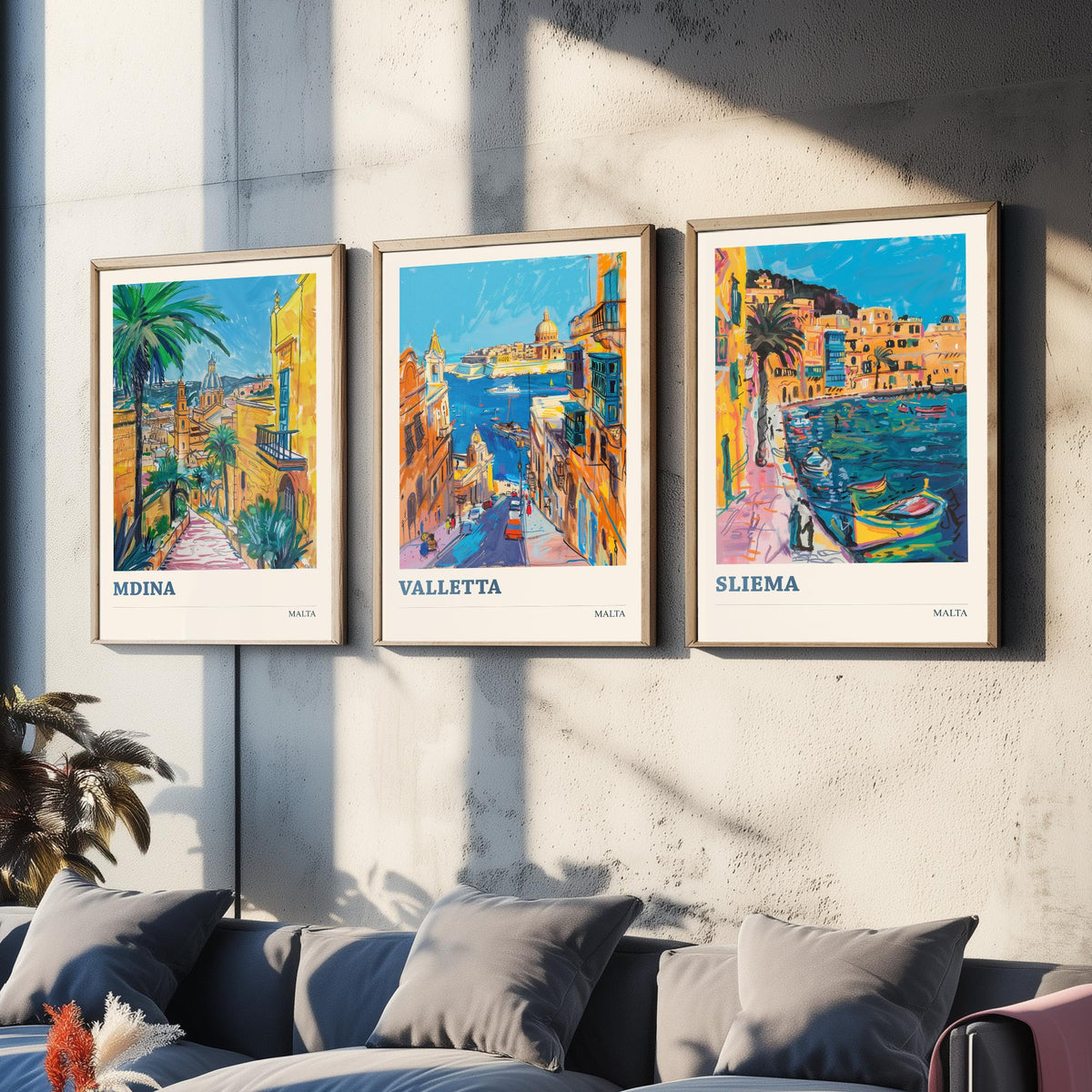 Malta Set of Three Prints | Mdina Valletta Sliema | Vibrant Mediterranean Travel Illustration Wall Art Poster