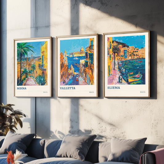 Malta Set of Three Prints | Mdina Valletta Sliema | Vibrant Mediterranean Travel Illustration Wall Art Poster