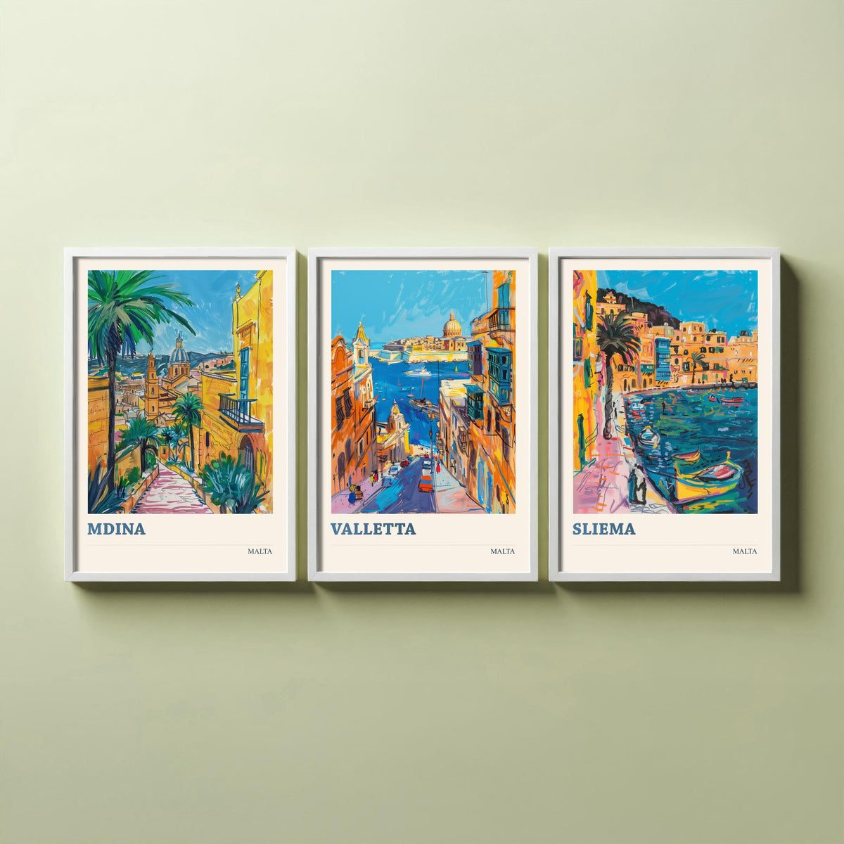 Malta Set of Three Prints | Mdina Valletta Sliema | Vibrant Mediterranean Travel Illustration Wall Art Poster
