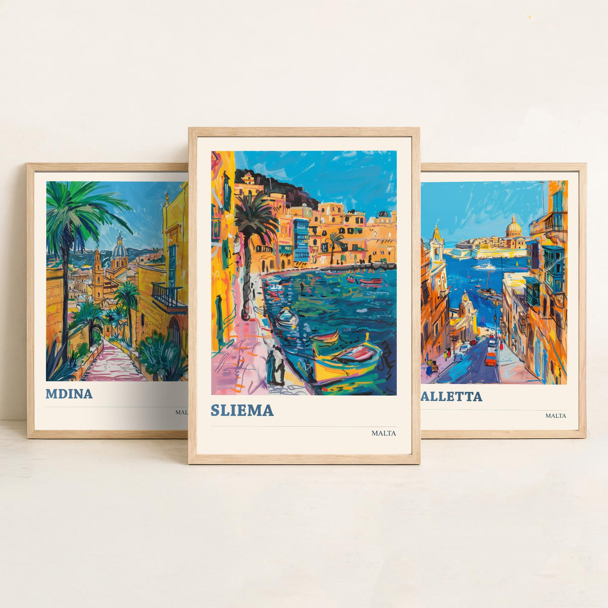 Malta Set of Three Prints | Mdina Valletta Sliema | Vibrant Mediterranean Travel Illustration Wall Art Poster