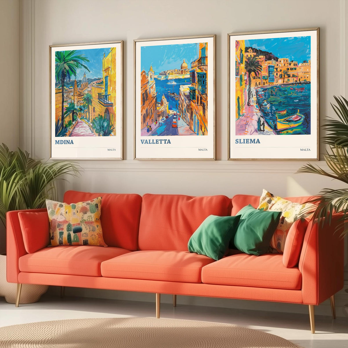 Malta Set of Three Prints | Mdina Valletta Sliema | Vibrant Mediterranean Travel Illustration Wall Art Poster