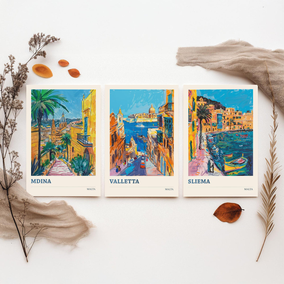 Malta Set of Three Prints | Mdina Valletta Sliema | Vibrant Mediterranean Travel Illustration Wall Art Poster