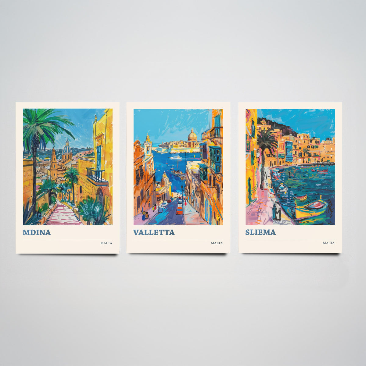 Malta Set of Three Prints | Mdina Valletta Sliema | Vibrant Mediterranean Travel Illustration Wall Art Poster