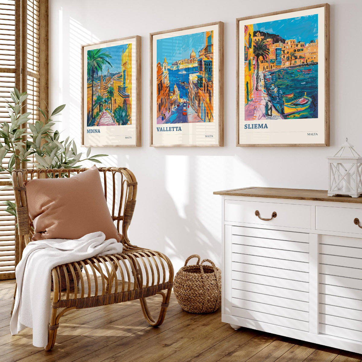 Malta Set of Three Prints | Mdina Valletta Sliema | Vibrant Mediterranean Travel Illustration Wall Art Poster