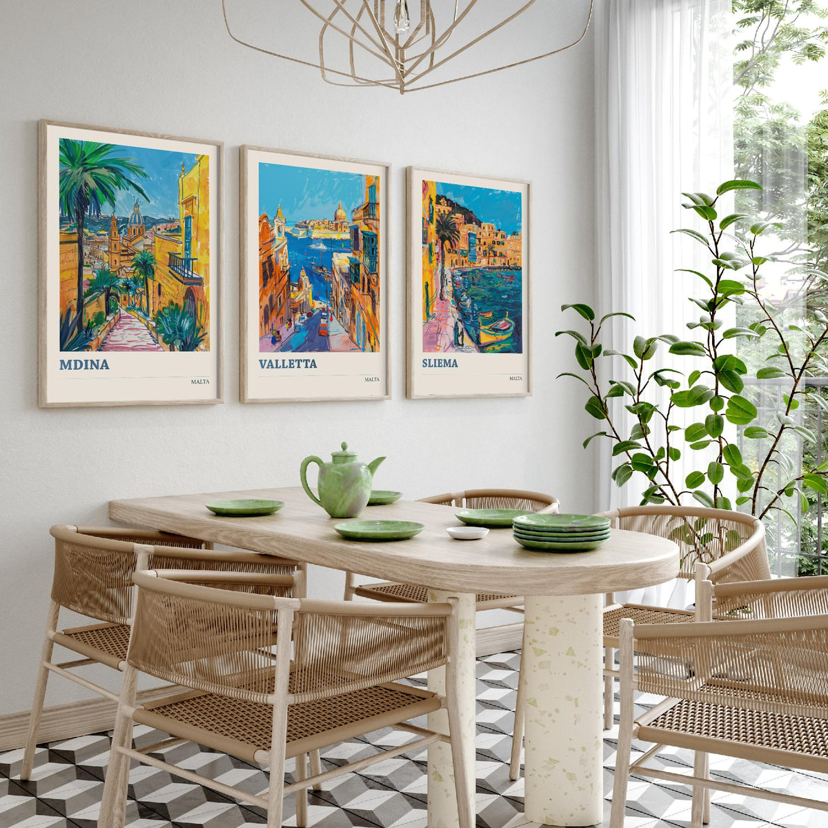 Malta Set of Three Prints | Mdina Valletta Sliema | Vibrant Mediterranean Travel Illustration Wall Art Poster