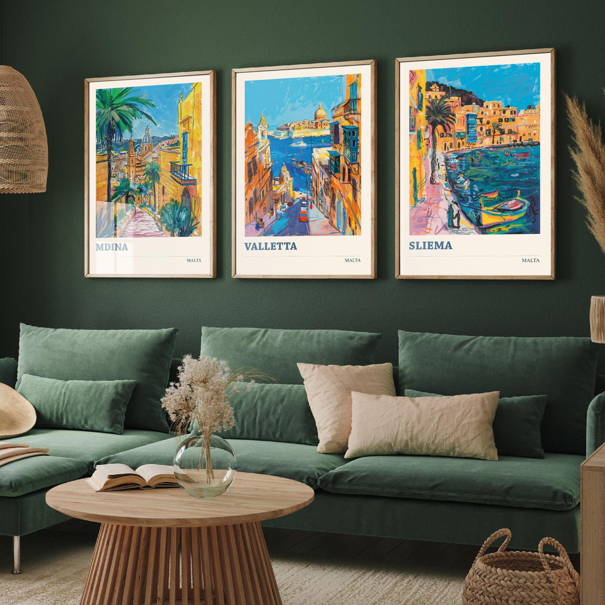 Malta Set of Three Prints | Mdina Valletta Sliema | Vibrant Mediterranean Travel Illustration Wall Art Poster