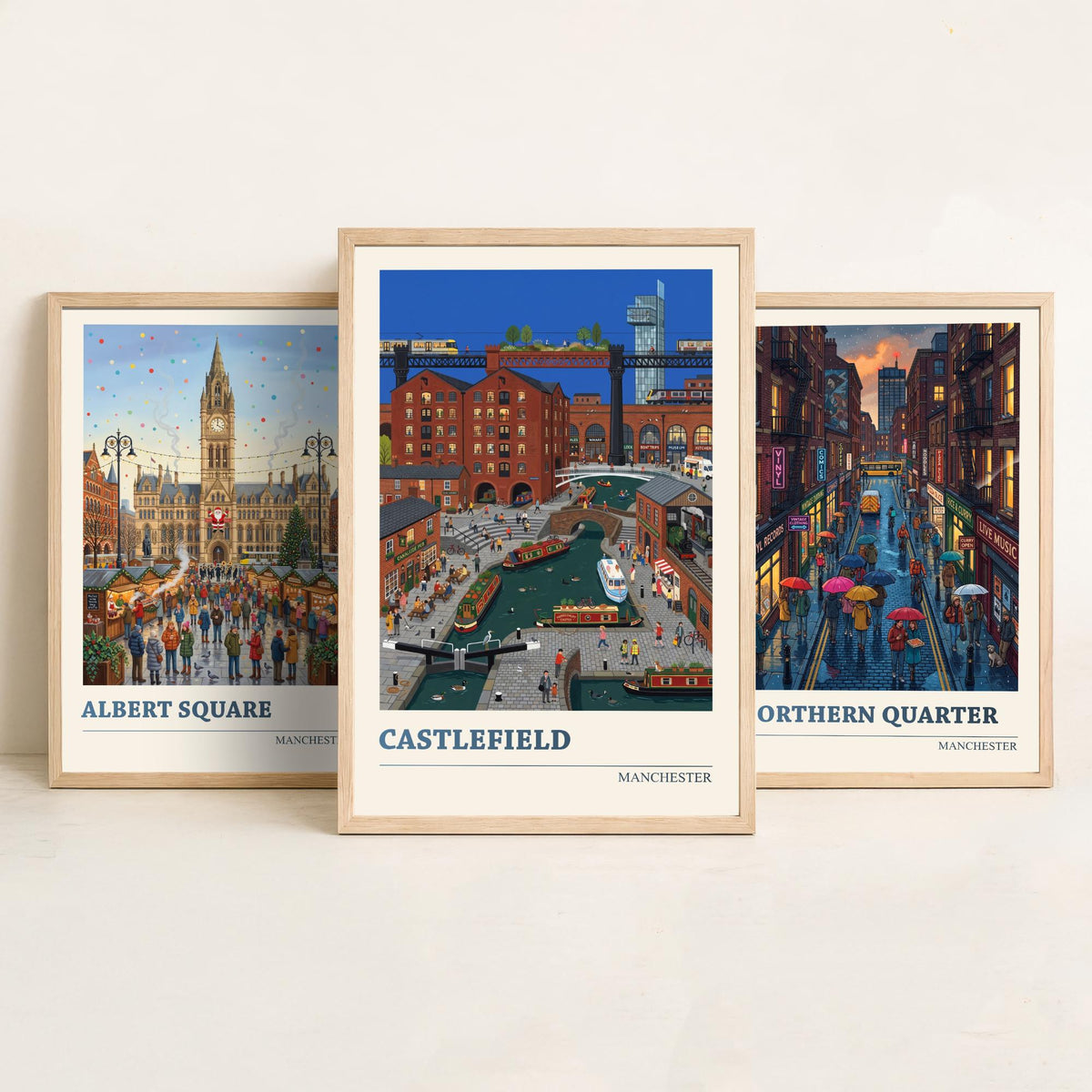 Manchester Set of Three Art Prints - Albert Square, Northern Quarter, Castlefield - 3 Folk Illustration Travel Posters - Mancunian Painting