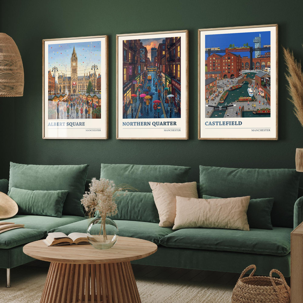 Manchester Set of Three Art Prints - Albert Square, Northern Quarter, Castlefield - 3 Folk Illustration Travel Posters - Mancunian Painting