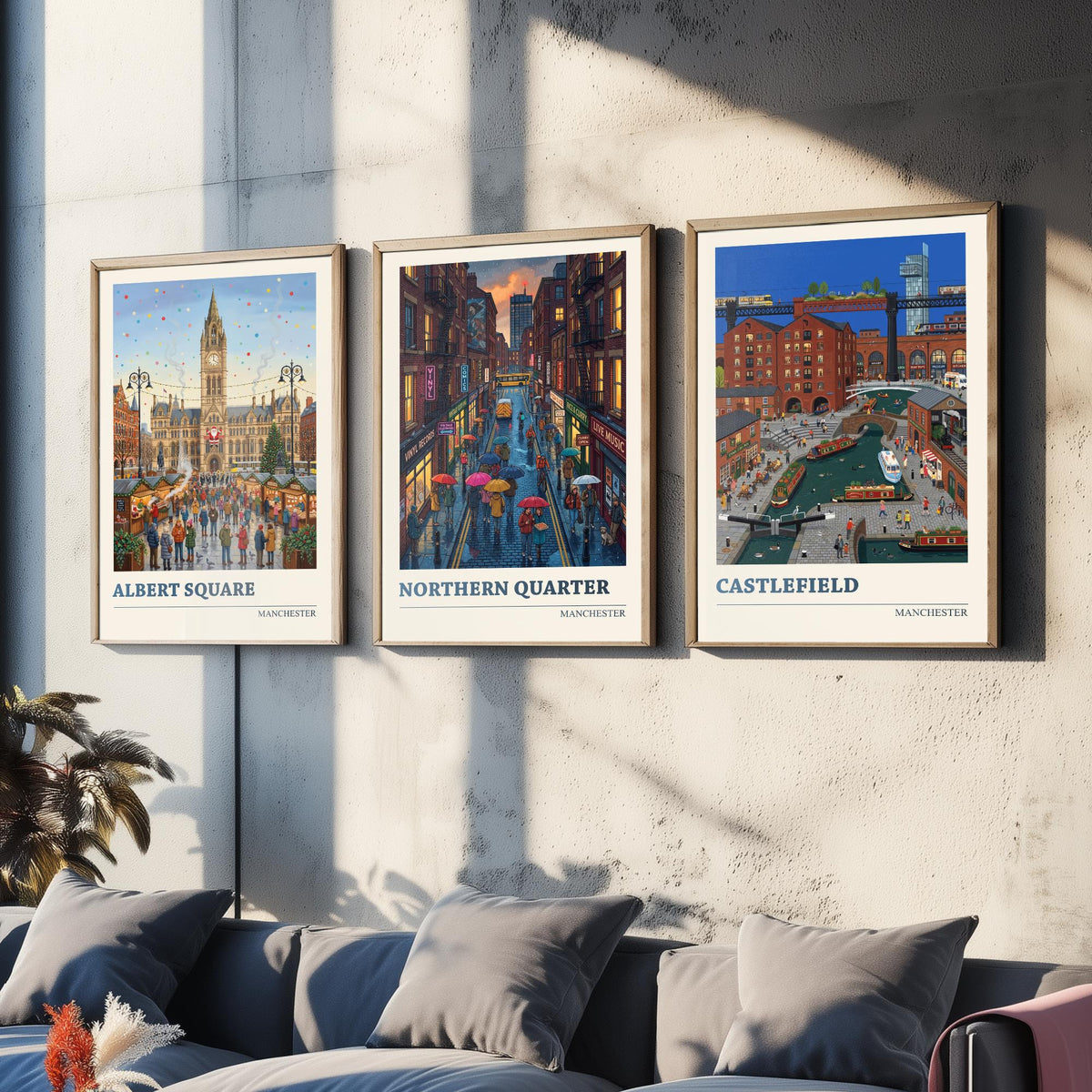 Manchester Set of Three Art Prints - Albert Square, Northern Quarter, Castlefield - 3 Folk Illustration Travel Posters - Mancunian Painting