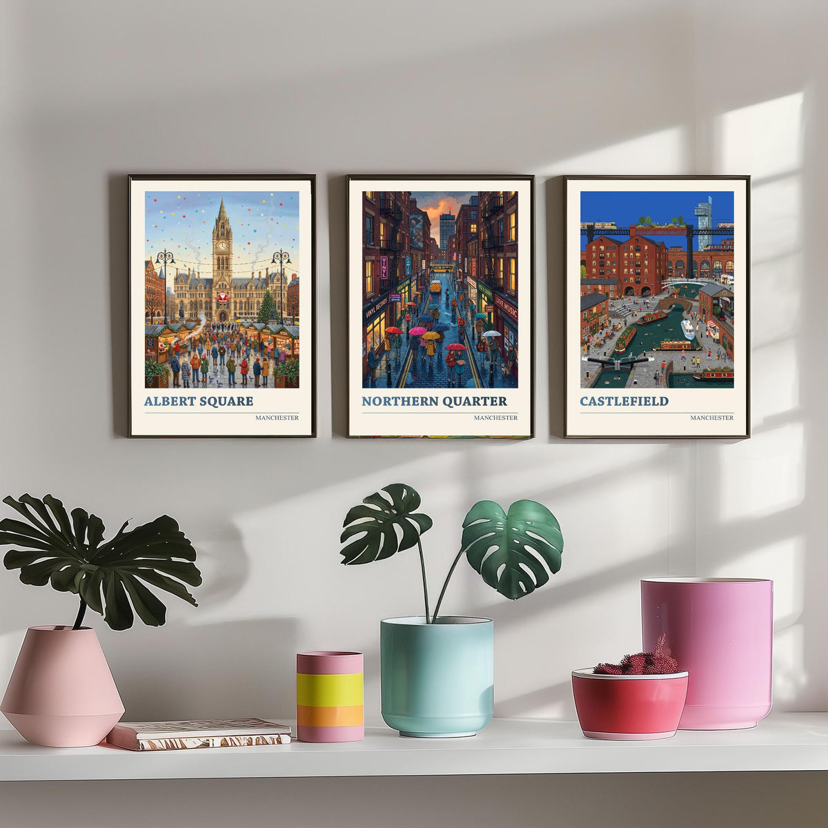 Manchester Set of Three Art Prints - Albert Square, Northern Quarter, Castlefield - 3 Folk Illustration Travel Posters - Mancunian Painting