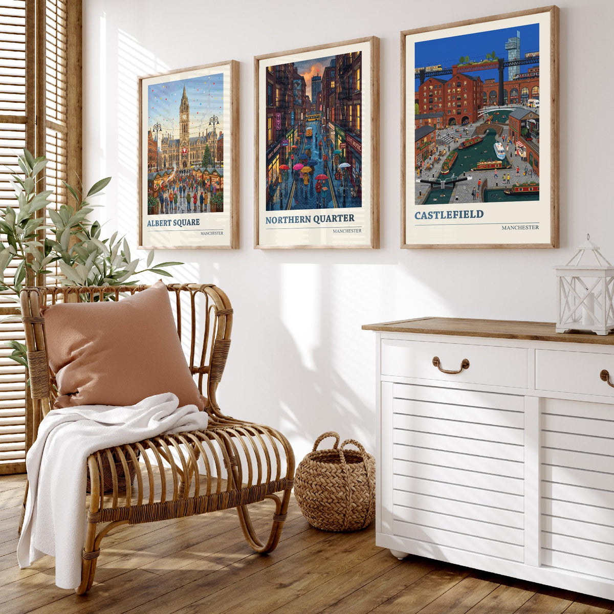 Manchester Set of Three Art Prints - Albert Square, Northern Quarter, Castlefield - 3 Folk Illustration Travel Posters - Mancunian Painting