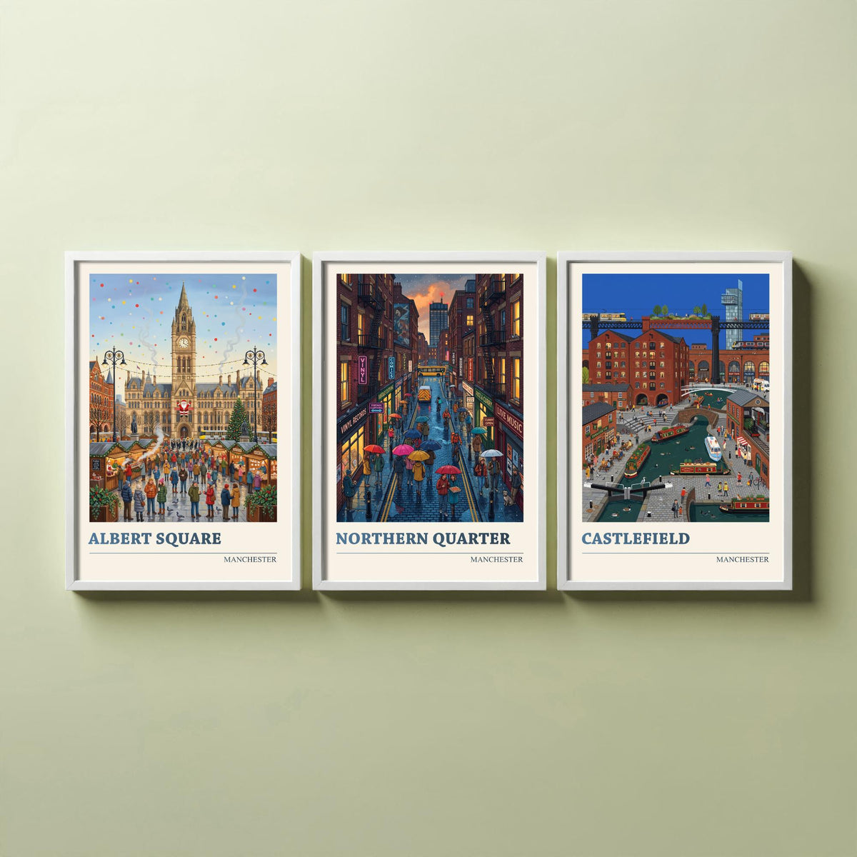 Manchester Set of Three Art Prints - Albert Square, Northern Quarter, Castlefield - 3 Folk Illustration Travel Posters - Mancunian Painting