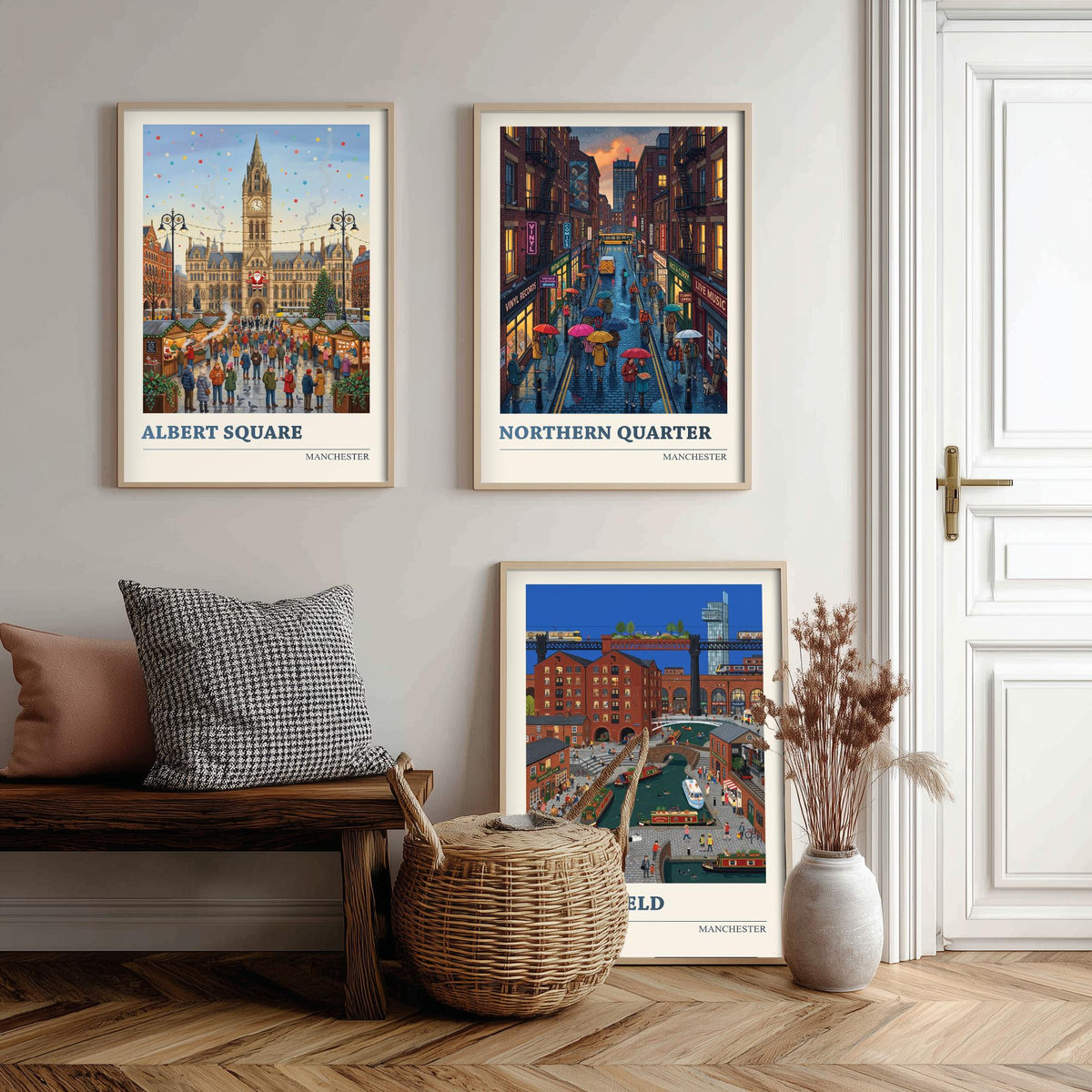 Manchester Set of Three Art Prints - Albert Square, Northern Quarter, Castlefield - 3 Folk Illustration Travel Posters - Mancunian Painting