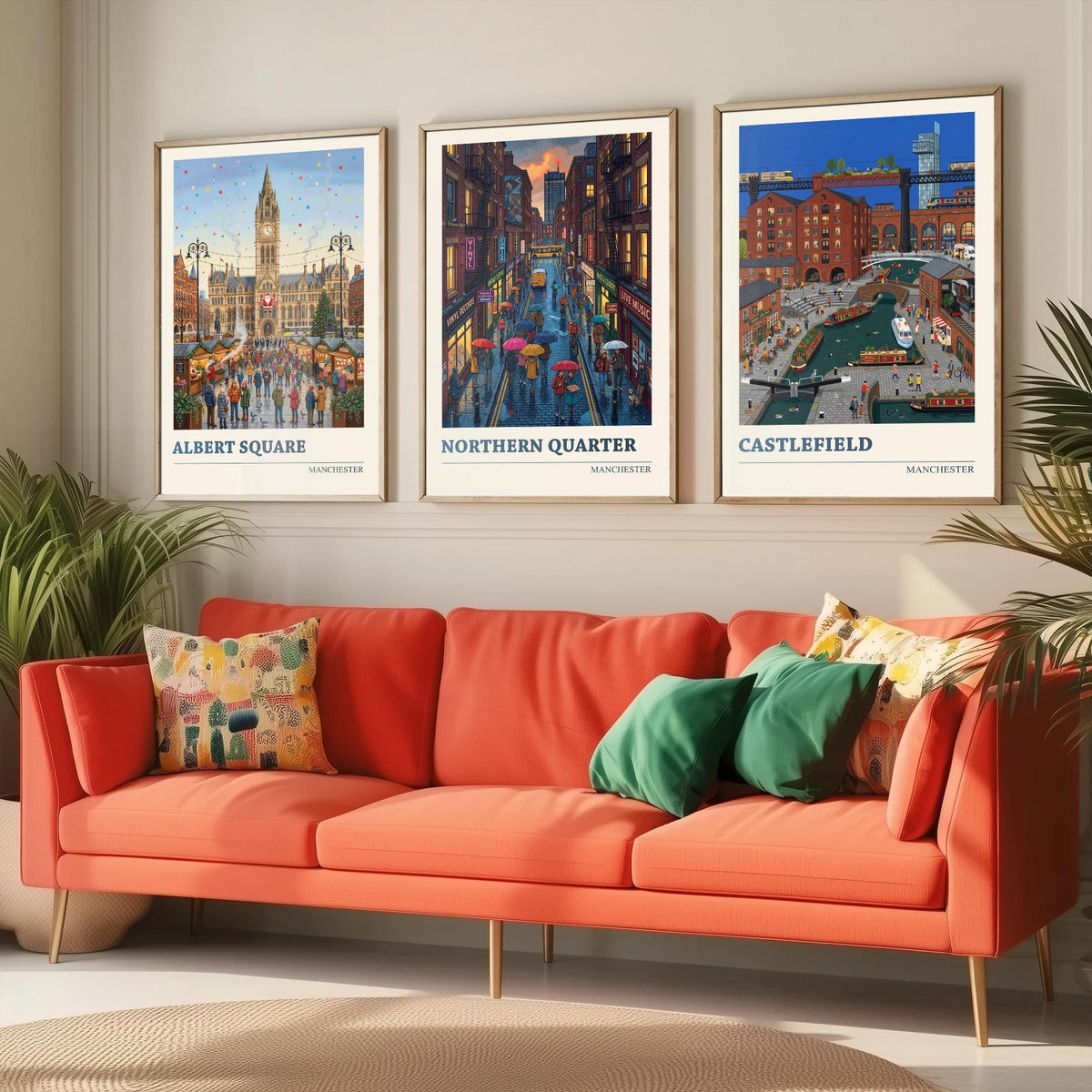 Manchester Set of Three Art Prints - Albert Square, Northern Quarter, Castlefield - 3 Folk Illustration Travel Posters - Mancunian Painting