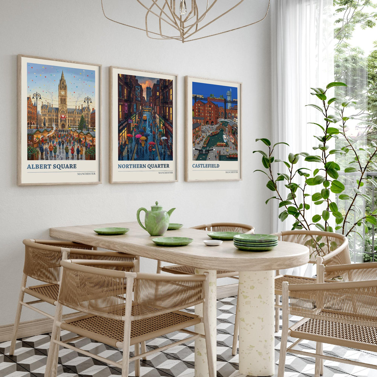 Manchester Set of Three Art Prints - Albert Square, Northern Quarter, Castlefield - 3 Folk Illustration Travel Posters - Mancunian Painting