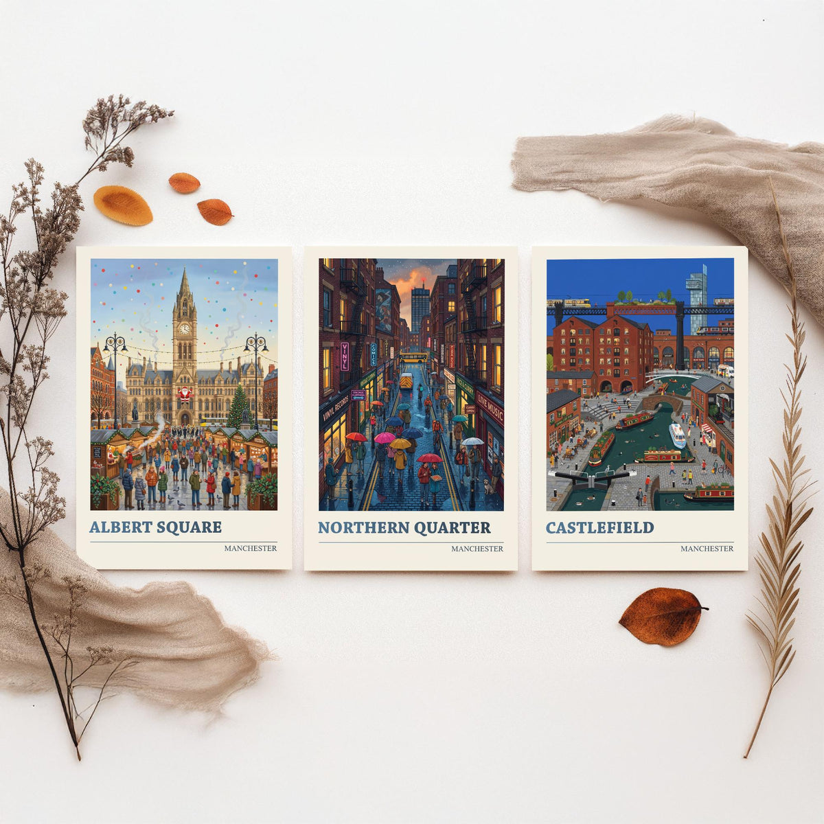 Manchester Set of Three Art Prints - Albert Square, Northern Quarter, Castlefield - 3 Folk Illustration Travel Posters - Mancunian Painting
