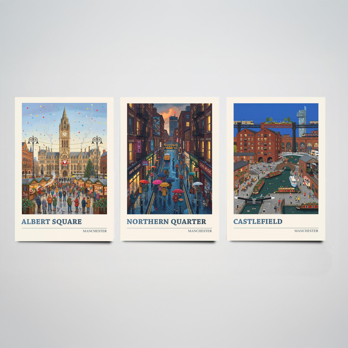Manchester Set of Three Art Prints - Albert Square, Northern Quarter, Castlefield - 3 Folk Illustration Travel Posters - Mancunian Painting
