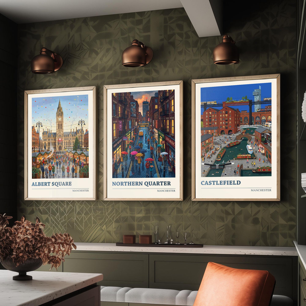 Manchester Set of Three Art Prints - Albert Square, Northern Quarter, Castlefield - 3 Folk Illustration Travel Posters - Mancunian Painting