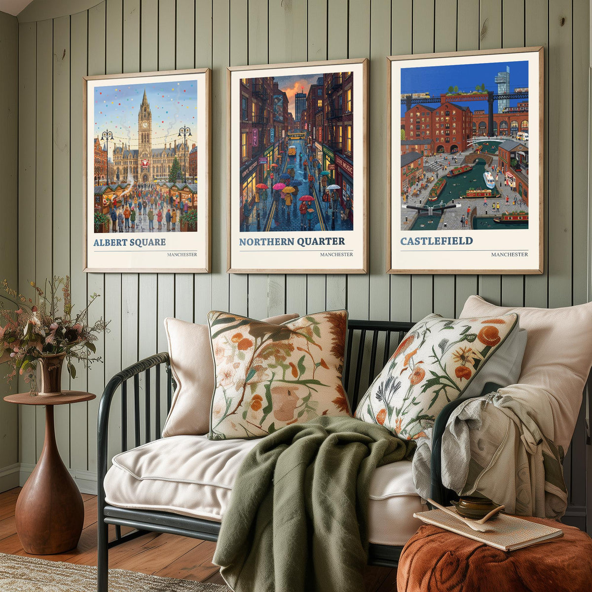 Manchester Set of Three Art Prints - Albert Square, Northern Quarter, Castlefield - 3 Folk Illustration Travel Posters - Mancunian Painting