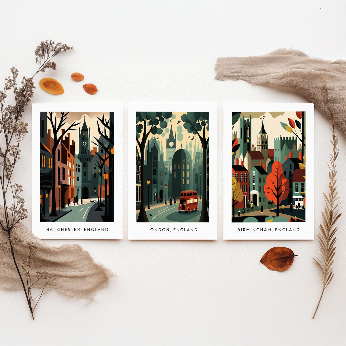Manchester, London and Birmingham Set of Three Art Prints - Retro English City Travel Posters - Mid Century Illustration