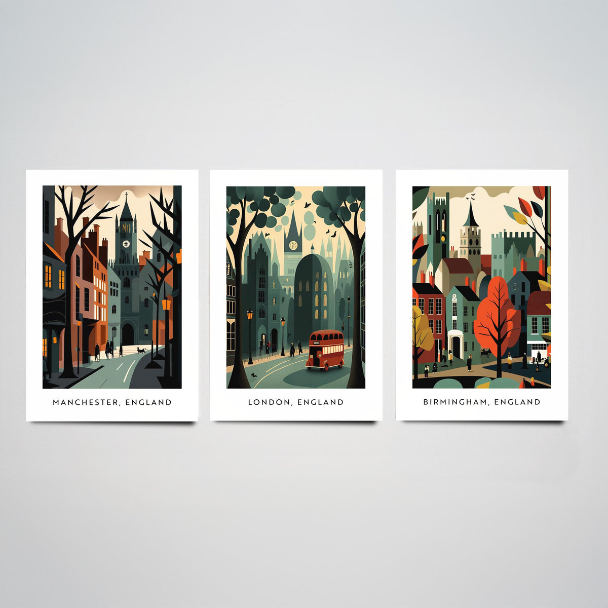 Manchester, London and Birmingham Set of Three Art Prints - Retro English City Travel Posters - Mid Century Illustration