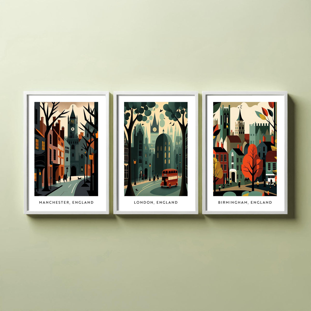 Manchester, London and Birmingham Set of Three Art Prints - Retro English City Travel Posters - Mid Century Illustration