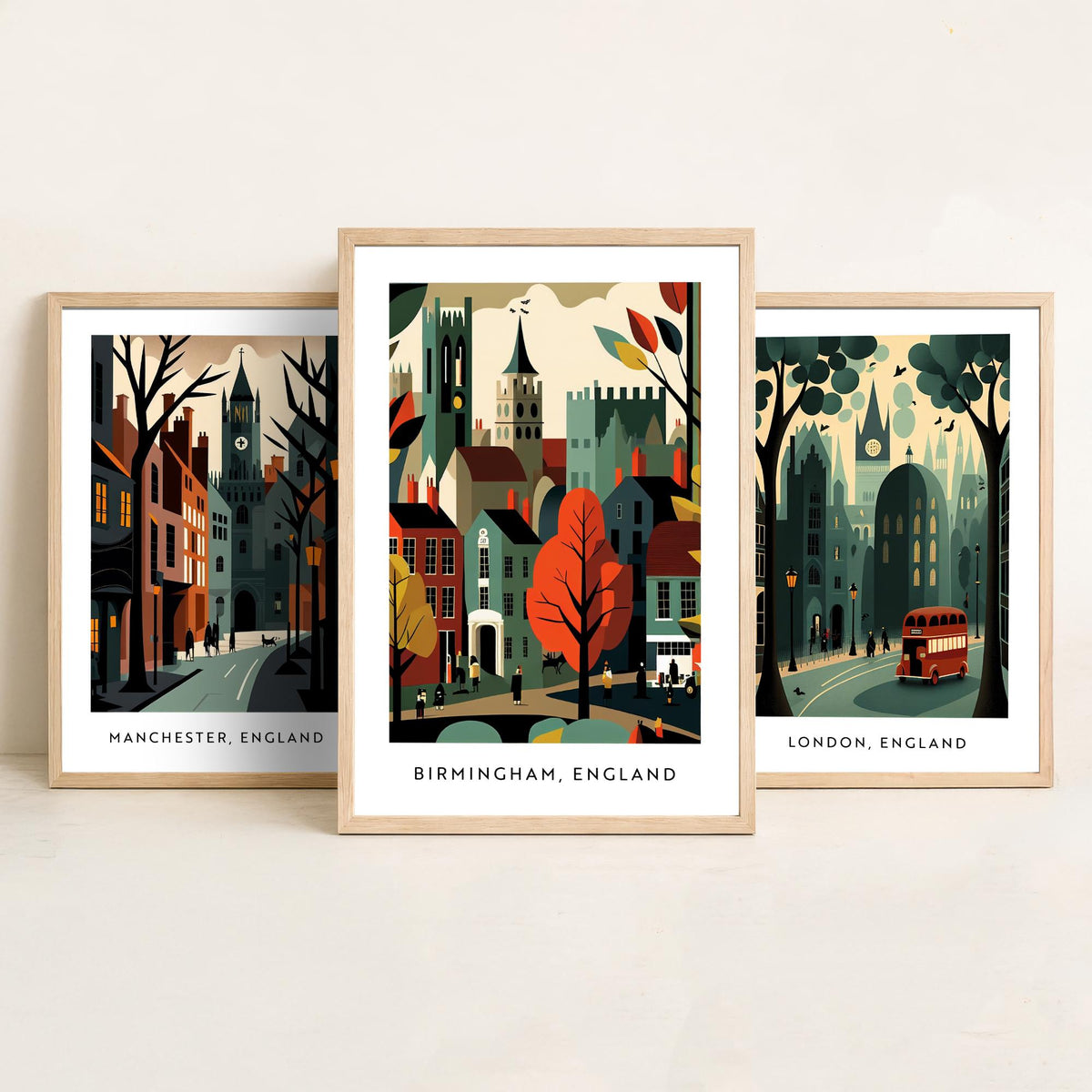 Manchester, London and Birmingham Set of Three Art Prints - Retro English City Travel Posters - Mid Century Illustration