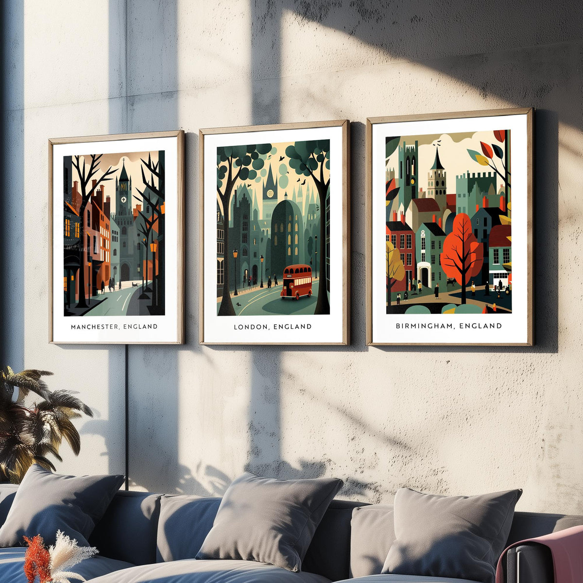 Manchester, London and Birmingham Set of Three Art Prints - Retro English City Travel Posters - Mid Century Illustration