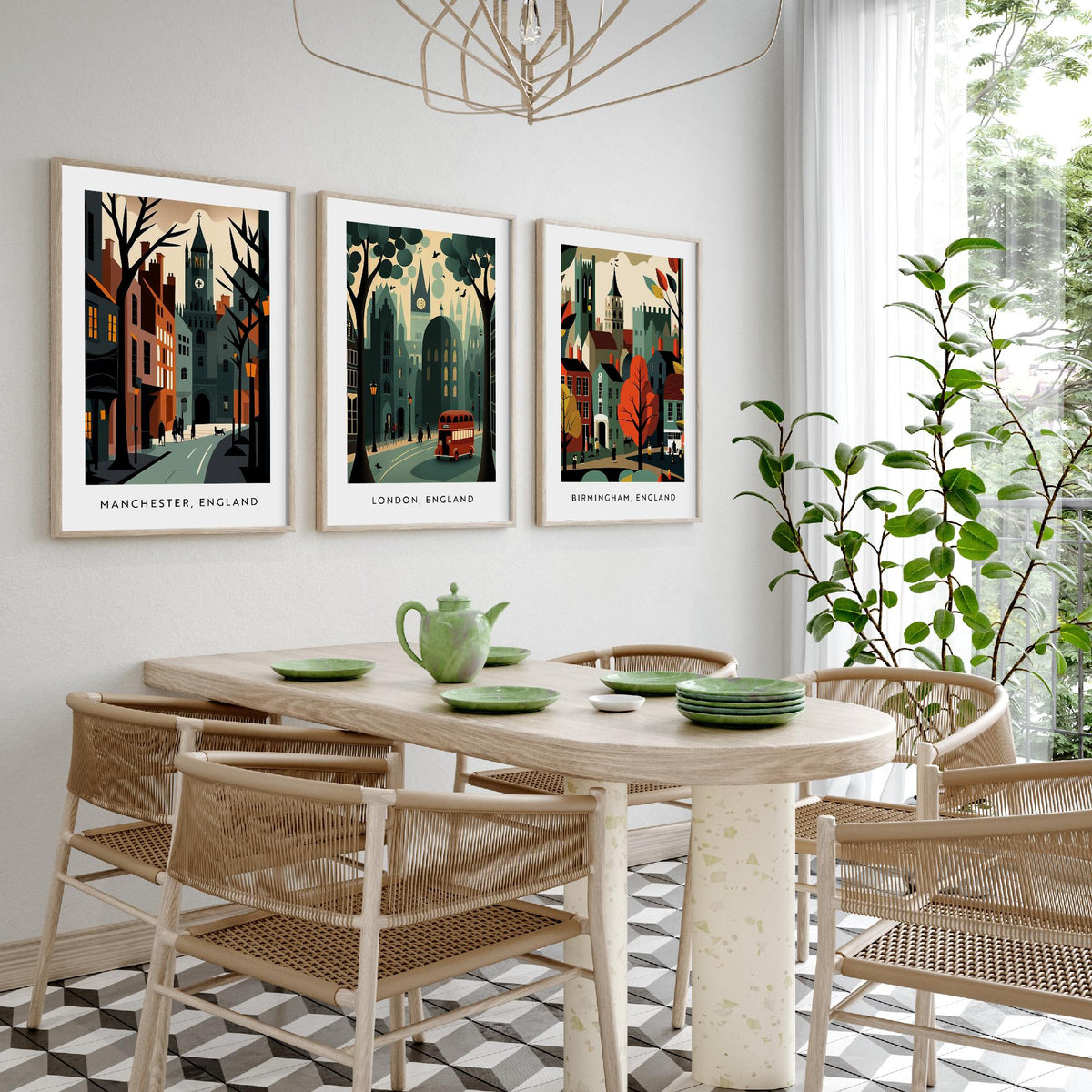 Manchester, London and Birmingham Set of Three Art Prints - Retro English City Travel Posters - Mid Century Illustration