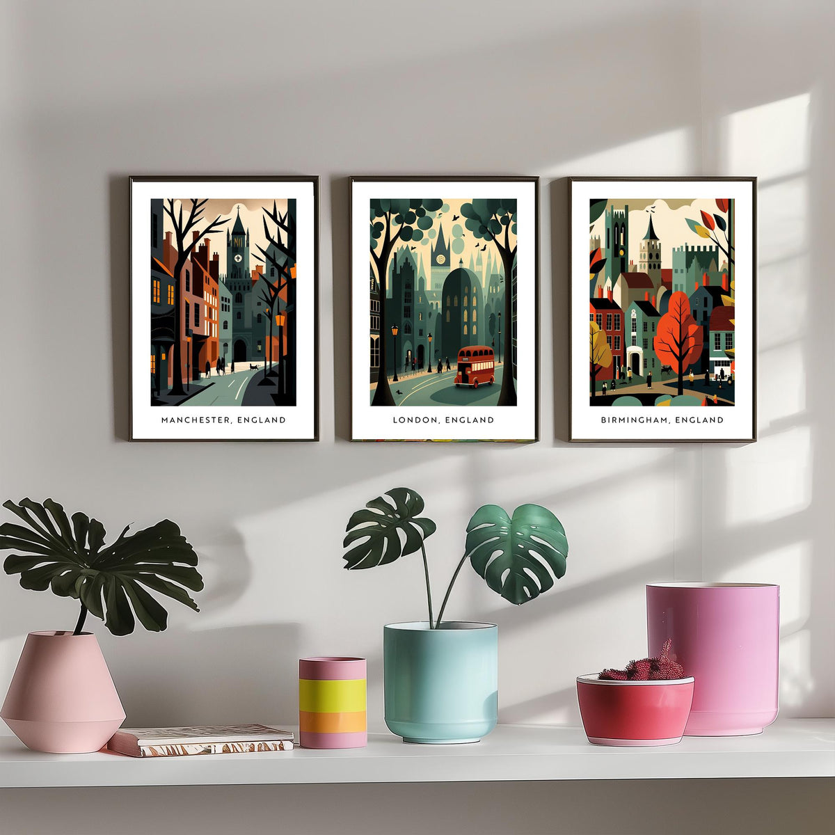 Manchester, London and Birmingham Set of Three Art Prints - Retro English City Travel Posters - Mid Century Illustration