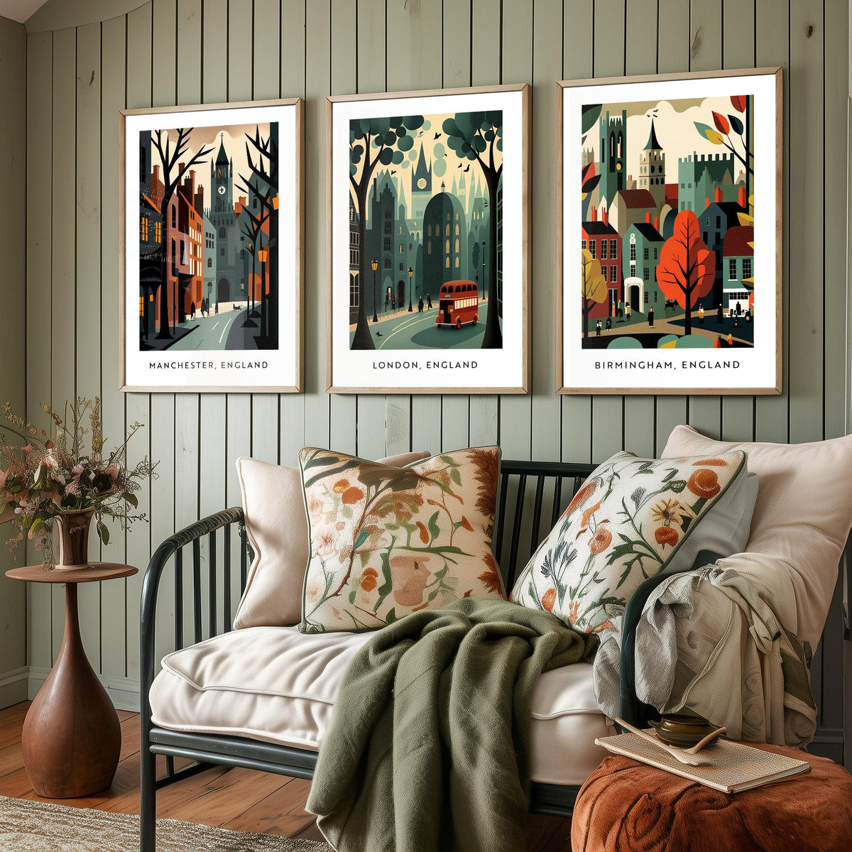 Manchester, London and Birmingham Set of Three Art Prints - Retro English City Travel Posters - Mid Century Illustration