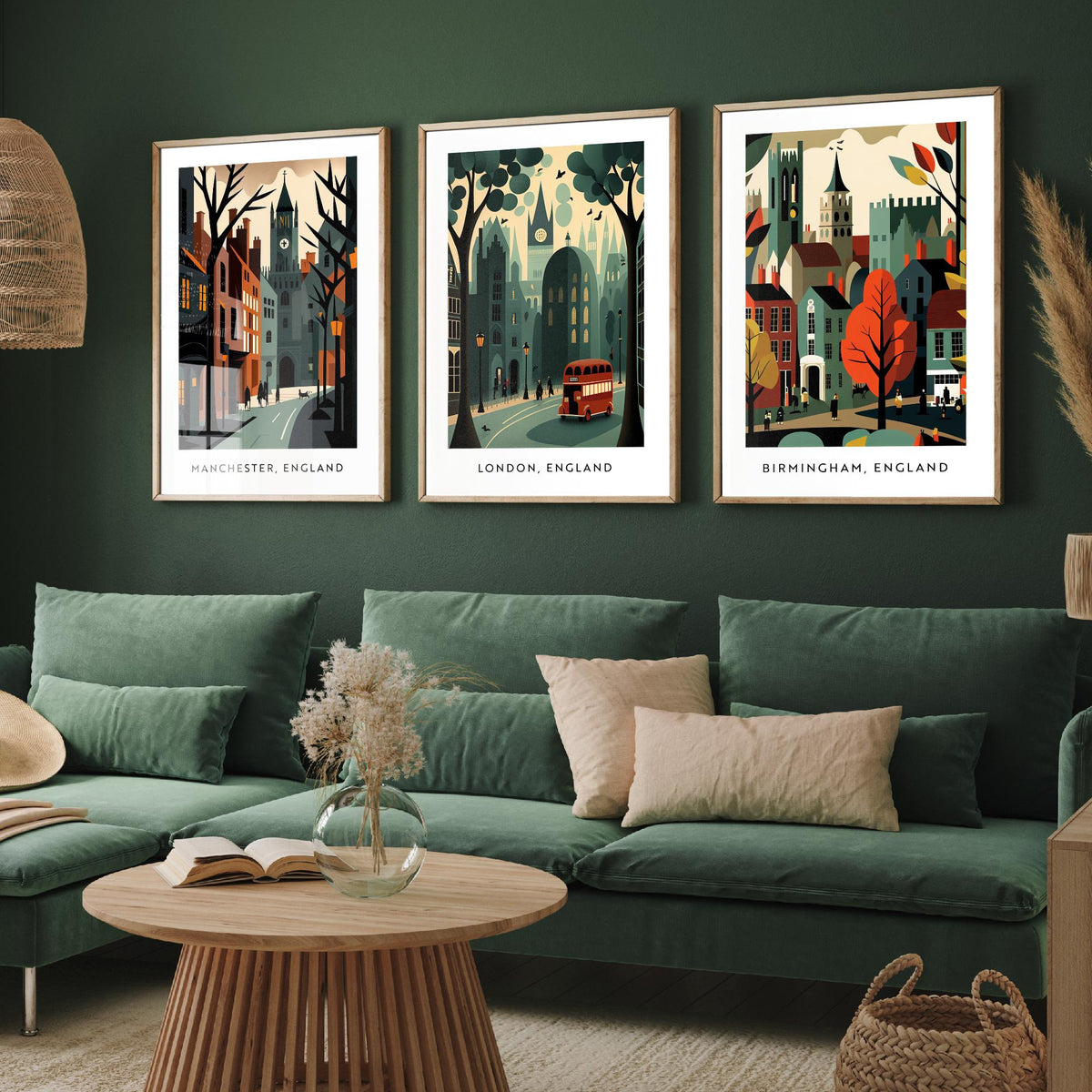 Manchester, London and Birmingham Set of Three Art Prints - Retro English City Travel Posters - Mid Century Illustration