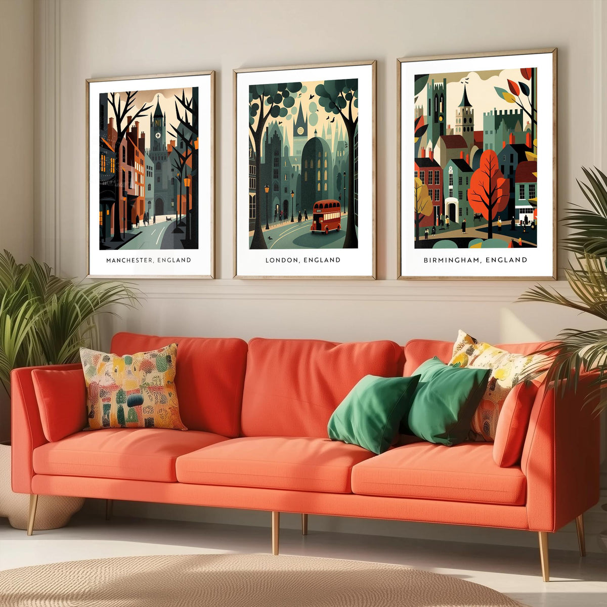Manchester, London and Birmingham Set of Three Art Prints - Retro English City Travel Posters - Mid Century Illustration