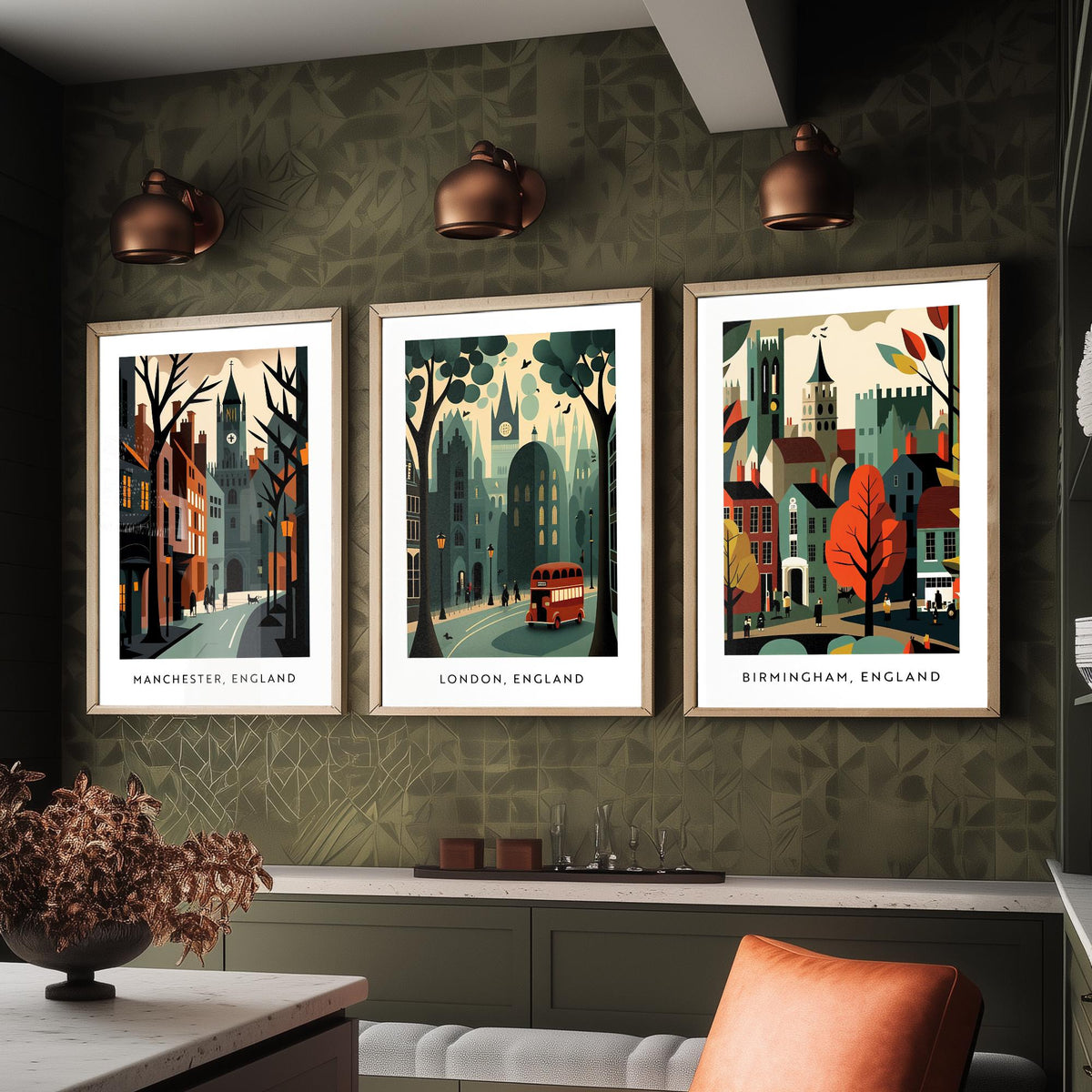 Manchester, London and Birmingham Set of Three Art Prints - Retro English City Travel Posters - Mid Century Illustration