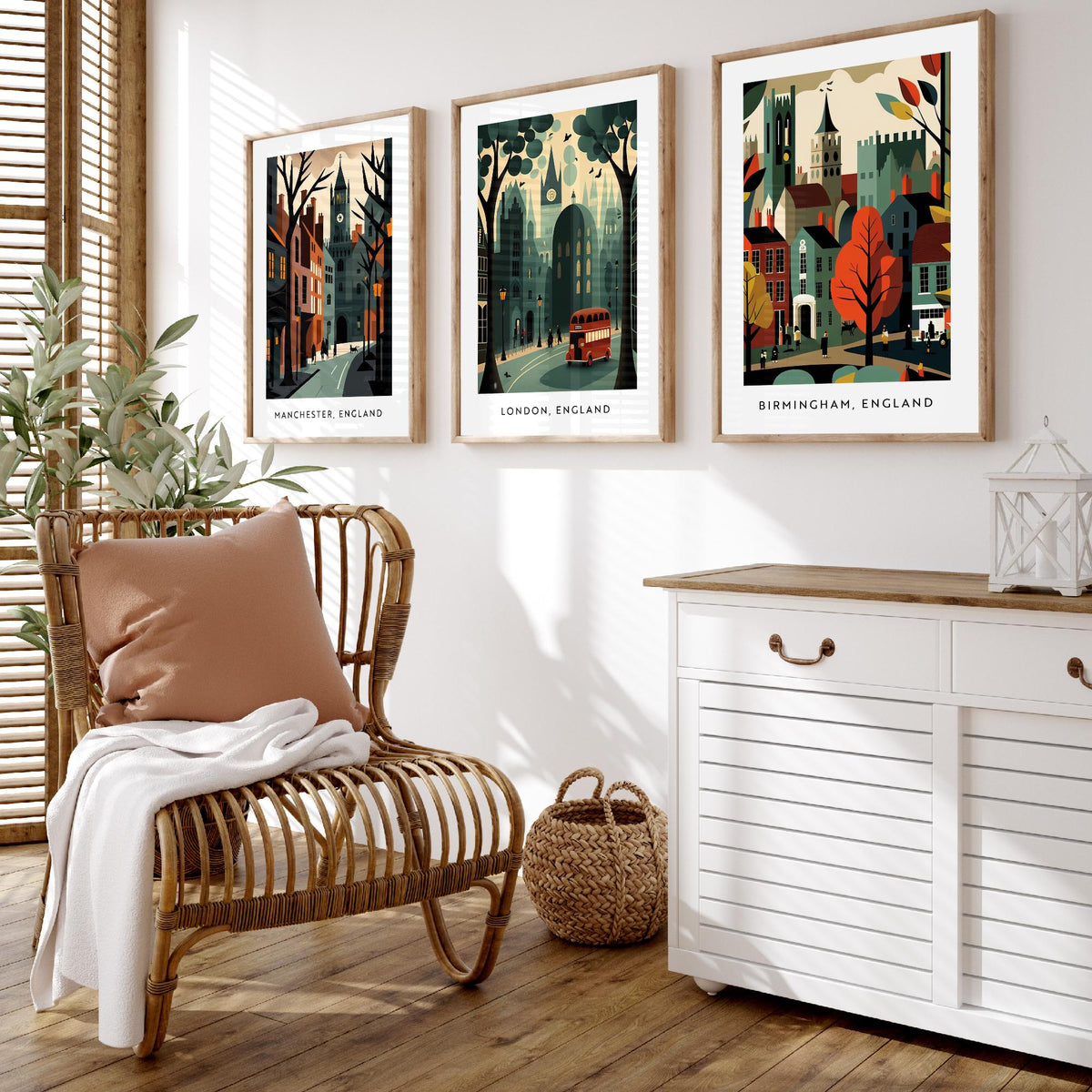 Manchester, London and Birmingham Set of Three Art Prints - Retro English City Travel Posters - Mid Century Illustration