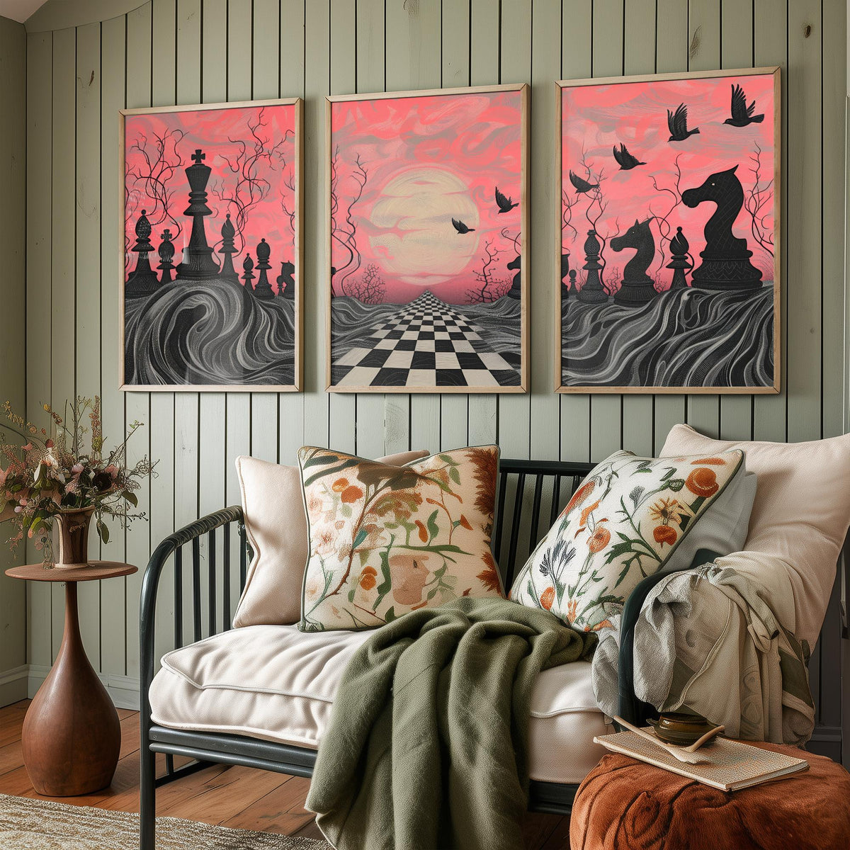 Surreal Chess Landscape Set of Three Art Prints - 3 Pink and Grey Abstract Paintings - Checkerboard Moon Crows Poster Wall Art Gift