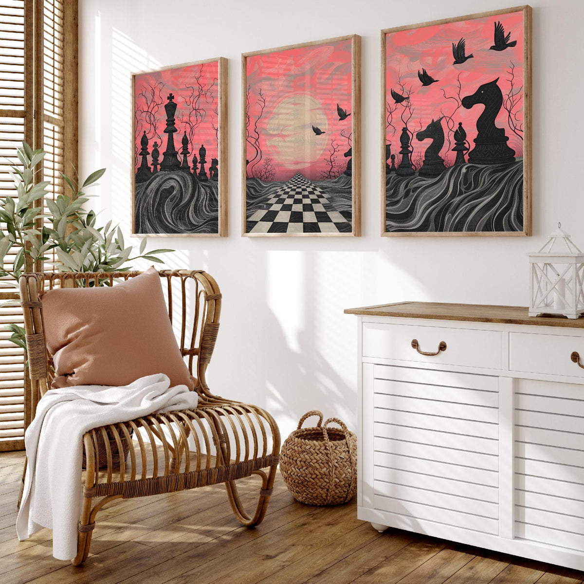 Surreal Chess Landscape Set of Three Art Prints - 3 Pink and Grey Abstract Paintings - Checkerboard Moon Crows Poster Wall Art Gift