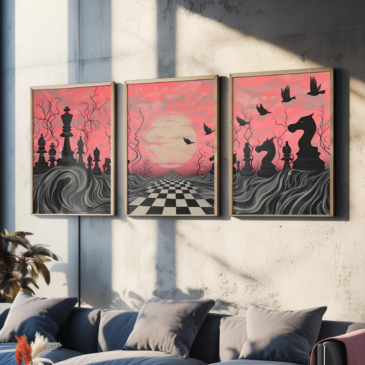 Surreal Chess Landscape Set of Three Art Prints - 3 Pink and Grey Abstract Paintings - Checkerboard Moon Crows Poster Wall Art Gift