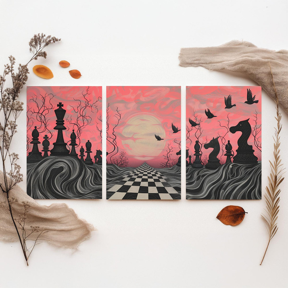 Surreal Chess Landscape Set of Three Art Prints - 3 Pink and Grey Abstract Paintings - Checkerboard Moon Crows Poster Wall Art Gift