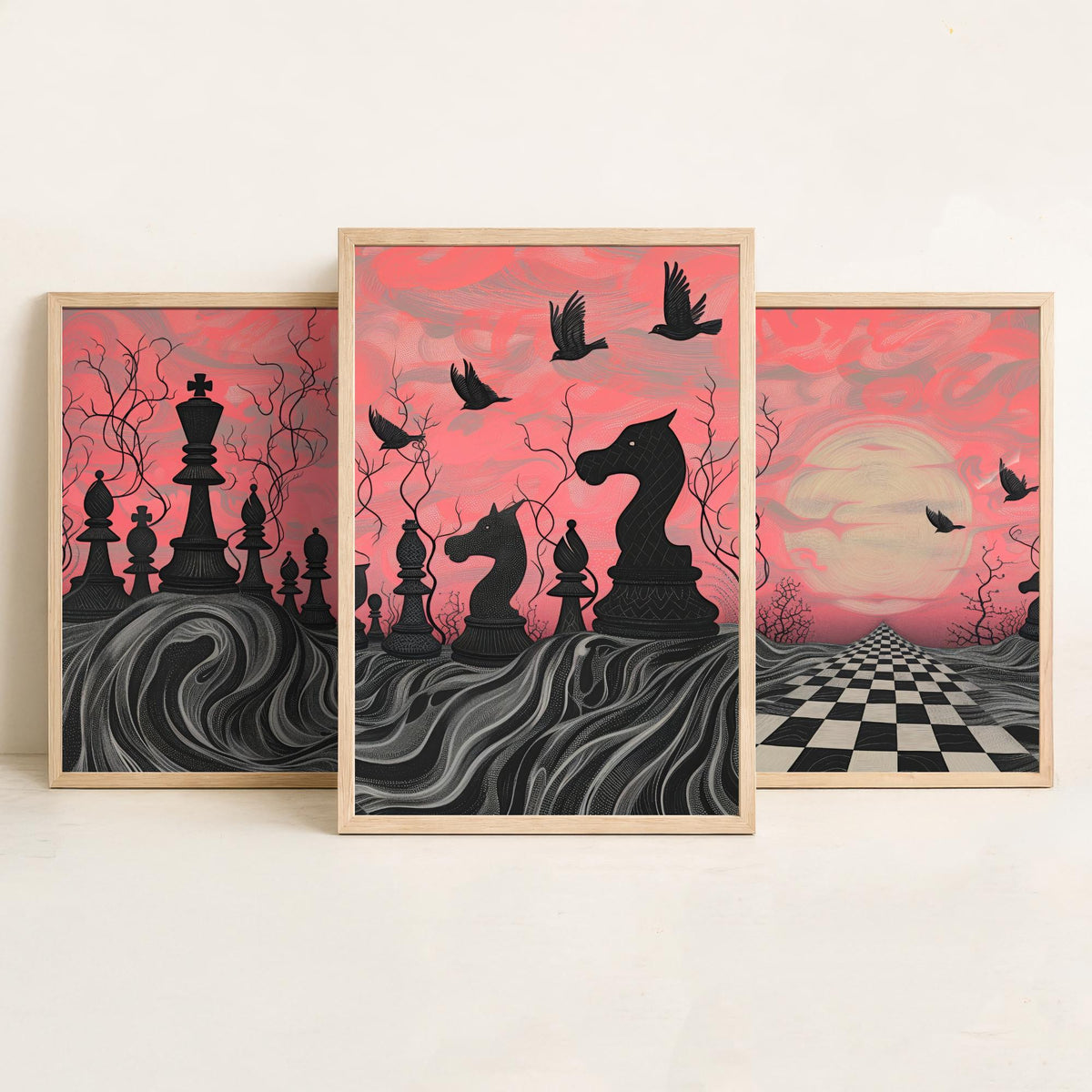 Surreal Chess Landscape Set of Three Art Prints - 3 Pink and Grey Abstract Paintings - Checkerboard Moon Crows Poster Wall Art Gift