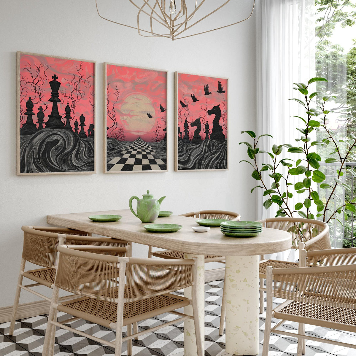 Surreal Chess Landscape Set of Three Art Prints - 3 Pink and Grey Abstract Paintings - Checkerboard Moon Crows Poster Wall Art Gift