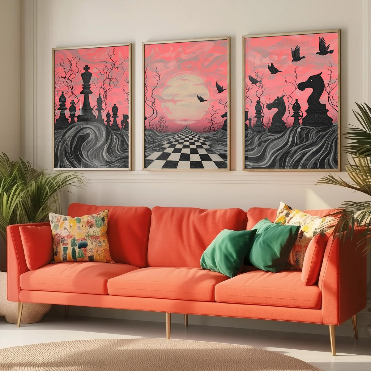Surreal Chess Landscape Set of Three Art Prints - 3 Pink and Grey Abstract Paintings - Checkerboard Moon Crows Poster Wall Art Gift