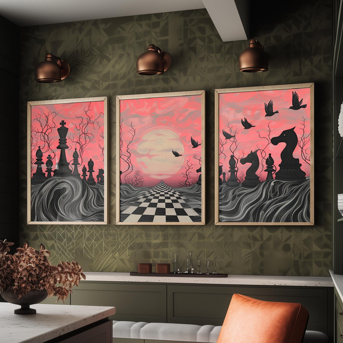Surreal Chess Landscape Set of Three Art Prints - 3 Pink and Grey Abstract Paintings - Checkerboard Moon Crows Poster Wall Art Gift
