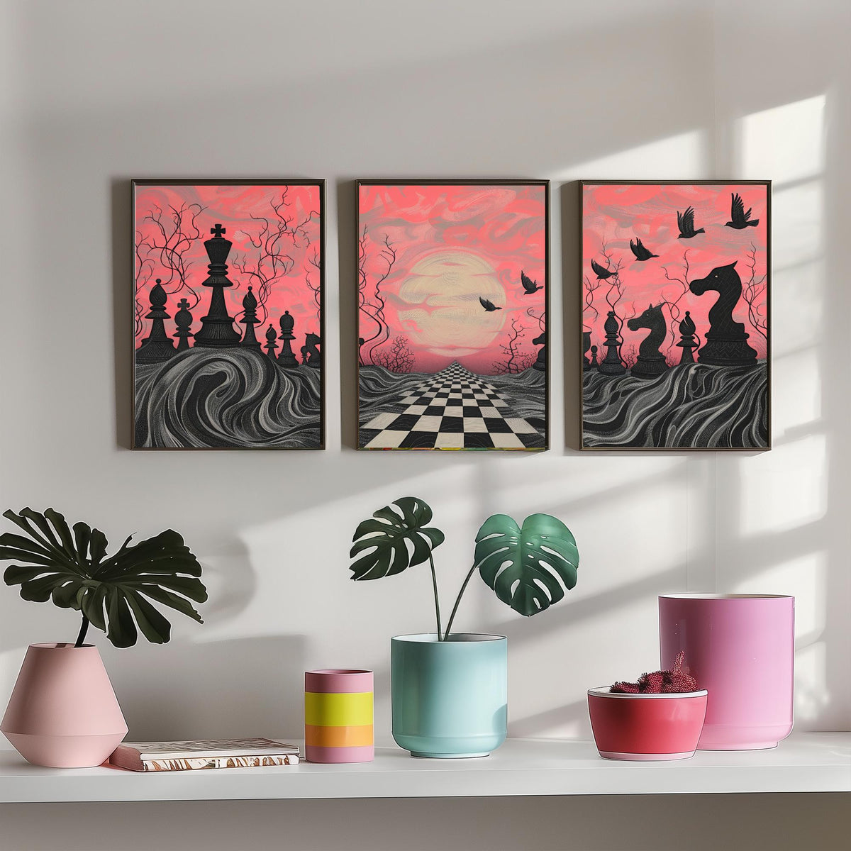 Surreal Chess Landscape Set of Three Art Prints - 3 Pink and Grey Abstract Paintings - Checkerboard Moon Crows Poster Wall Art Gift