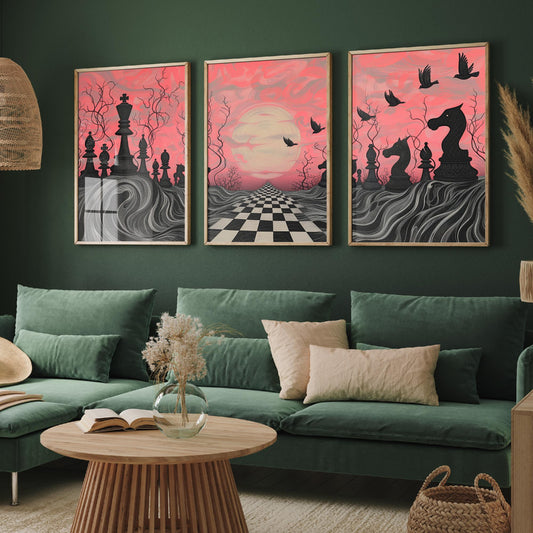 Surreal Chess Landscape Set of Three Art Prints - 3 Pink and Grey Abstract Paintings - Checkerboard Moon Crows Poster Wall Art Gift