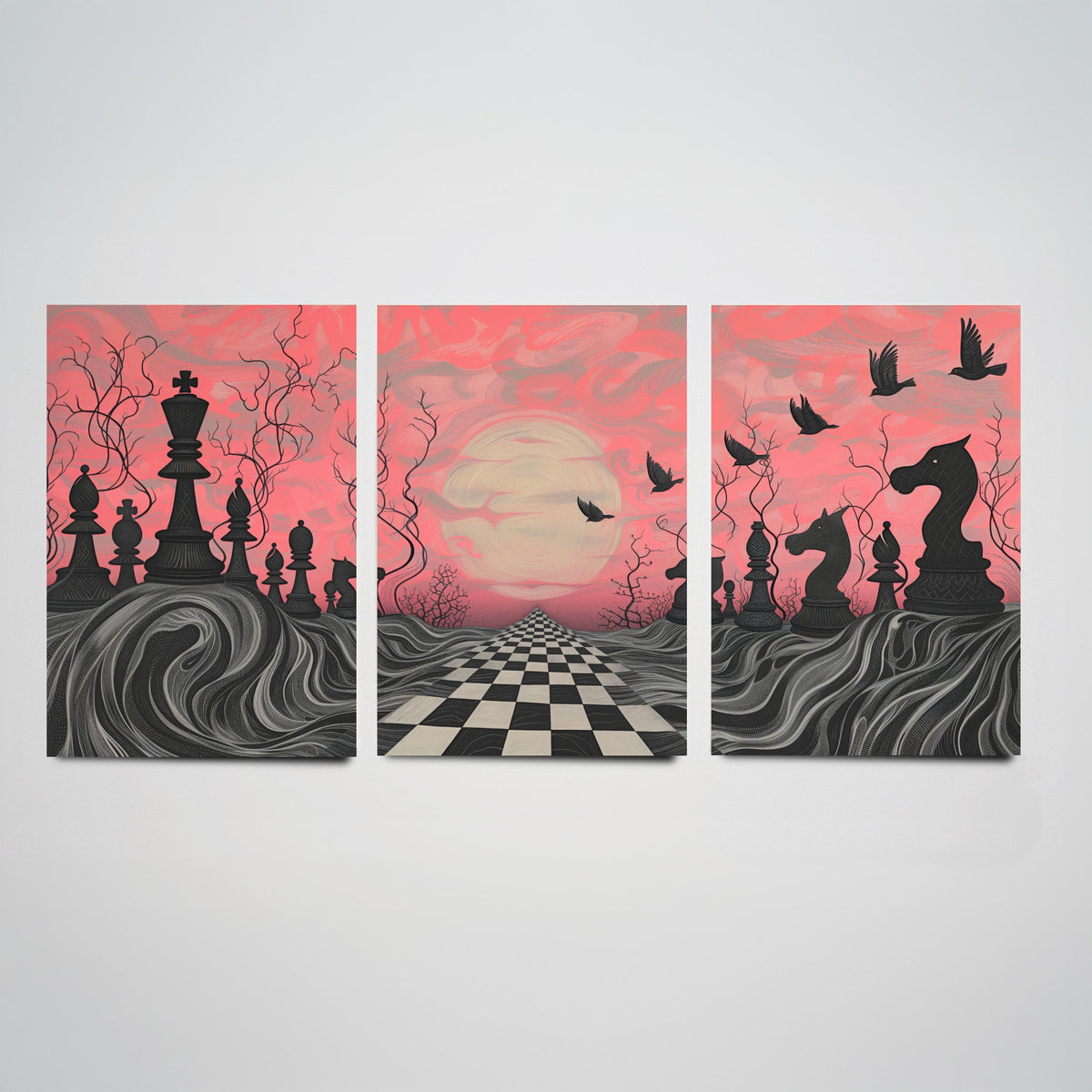 Surreal Chess Landscape Set of Three Art Prints - 3 Pink and Grey Abstract Paintings - Checkerboard Moon Crows Poster Wall Art Gift