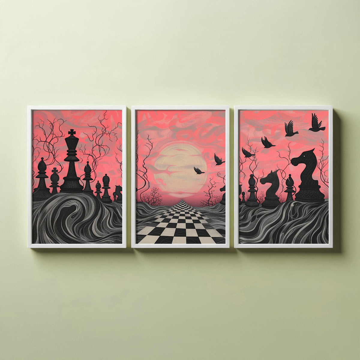 Surreal Chess Landscape Set of Three Art Prints - 3 Pink and Grey Abstract Paintings - Checkerboard Moon Crows Poster Wall Art Gift